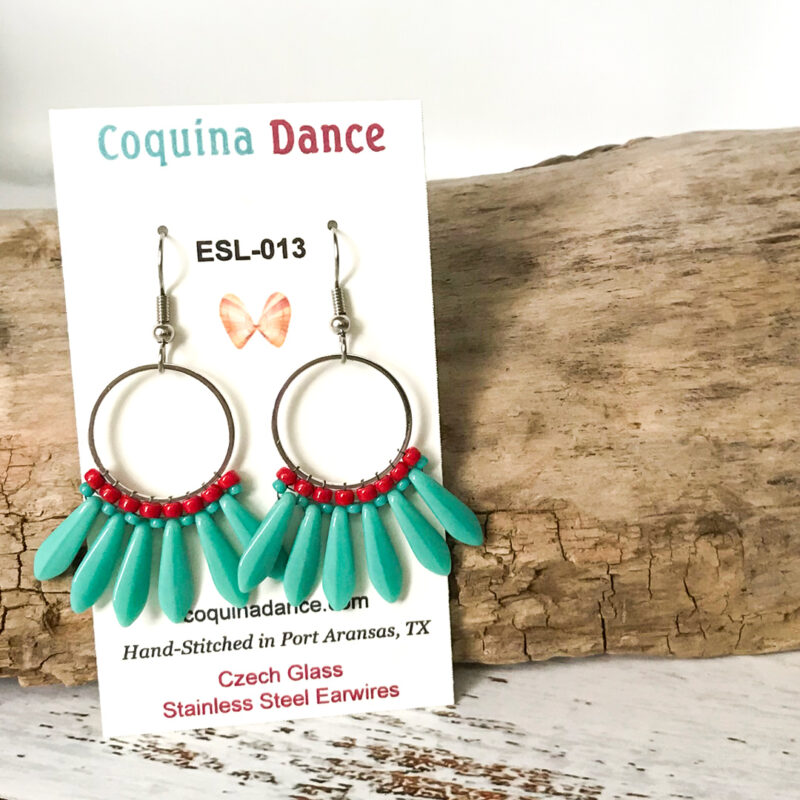 Turquoise Czech Glass Dagger stitched earrings