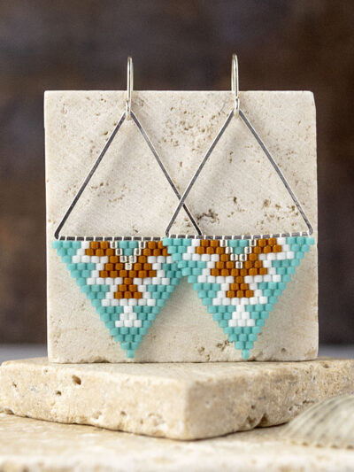 Turquoise, sienna and white Southwestern hand-stitched triangle earrings