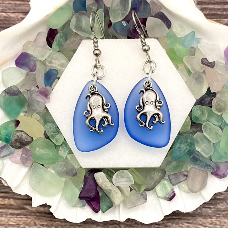 Octopus on Sapphire Blue Sea Glass Earrings