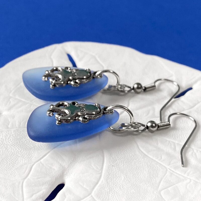 Octopus on Sapphire Blue Sea Glass Earrings