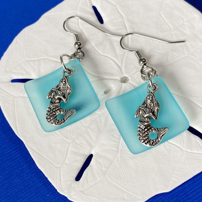 Mermaid on Turquoise Sea Glass Earrings