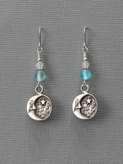 Silver Moon & Stars + Mermaid Beads Earrings