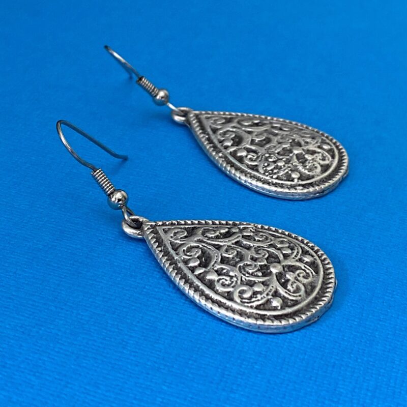 Antique Silver Ornate Teardrop Earrings