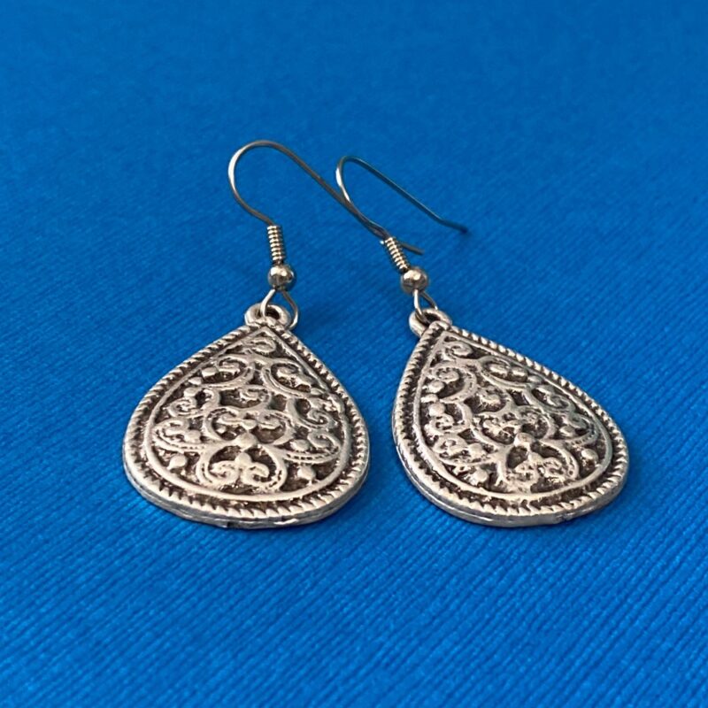 Antique Silver Ornate Teardrop Earrings