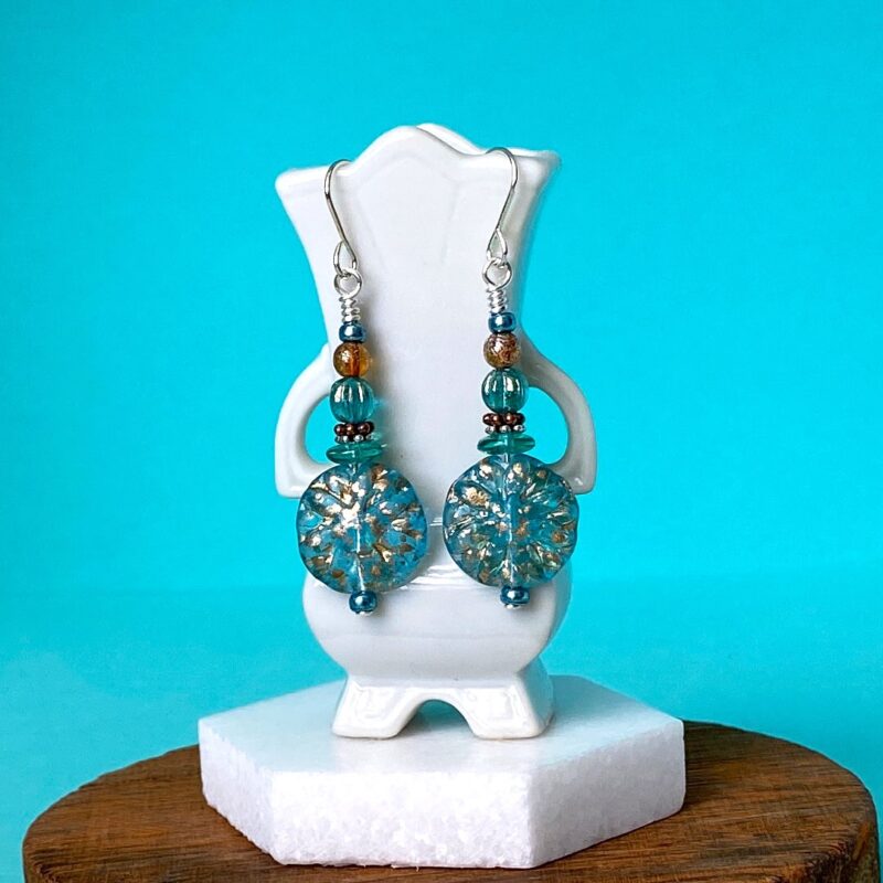 Dahlia Czech Glass Earrings - Gilded Aqua