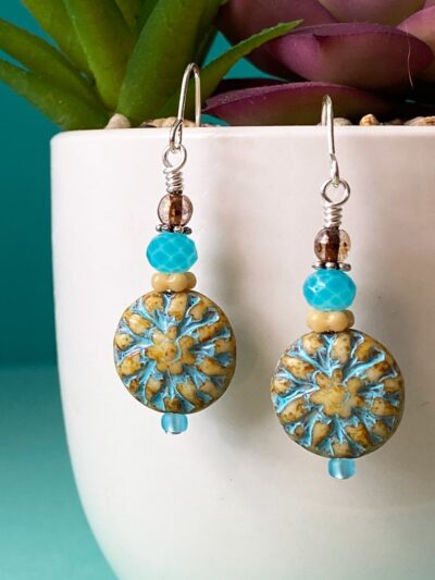 ECZ-023 Blue Dahlia Coin with blue and brown beads