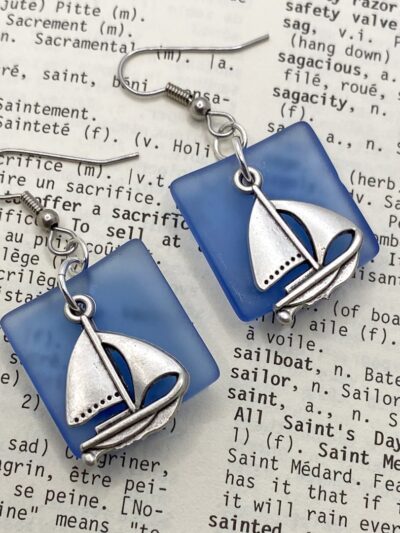 Sailboats + Sapphire Blue Sea Glass Earrings