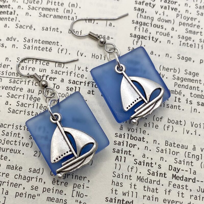 Sailboats + Sapphire Blue Sea Glass Earrings