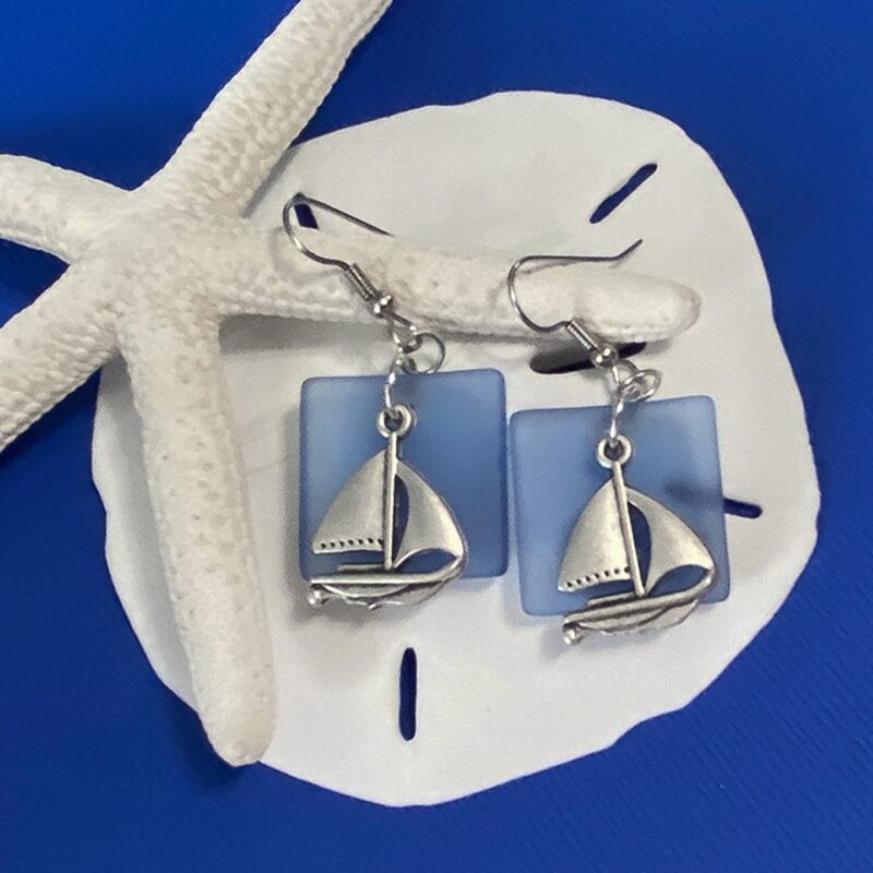 Sailboats + Sapphire Blue Sea Glass Earrings