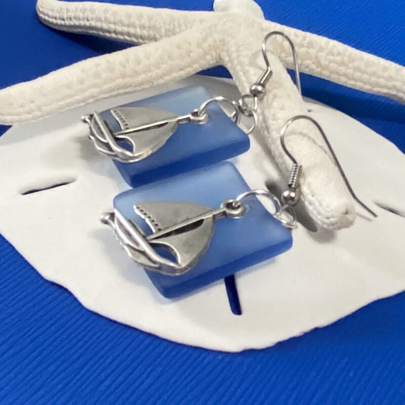 Sailboats + Sapphire Blue Sea Glass Earrings