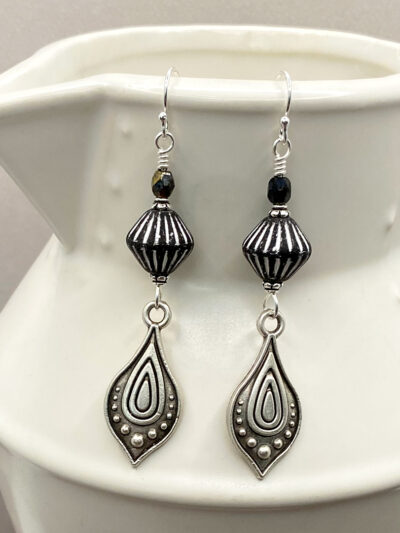 Black Czech Glass + Turkish Silver Drop Earrings