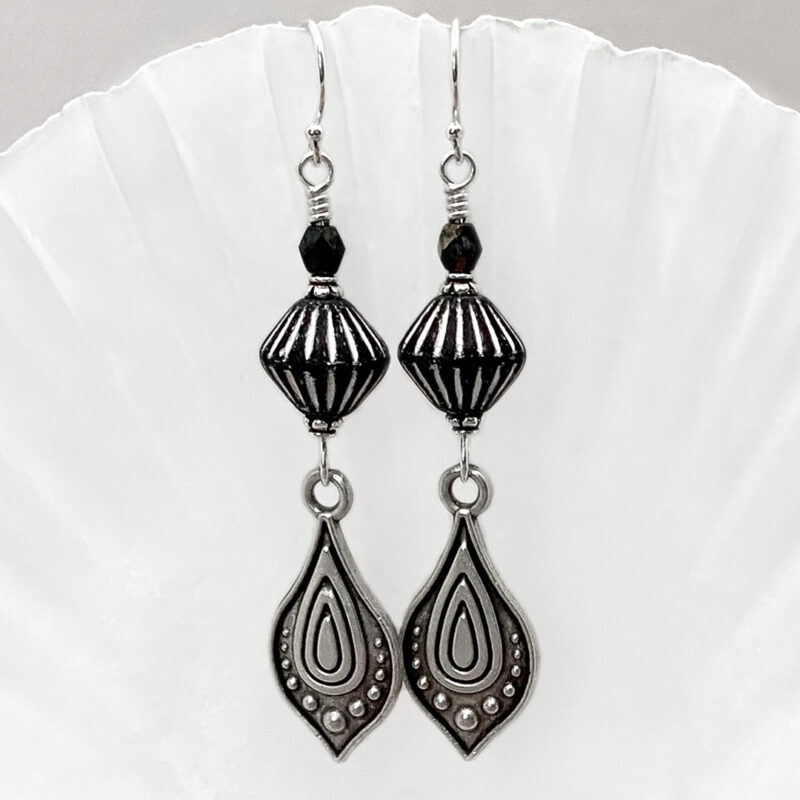 Black Czech Glass + Turkish Silver Drop Earrings
