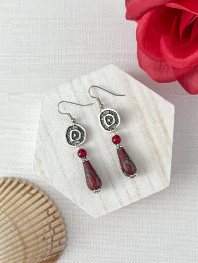 Red Picasso Czech Glass Teardrop Earrings