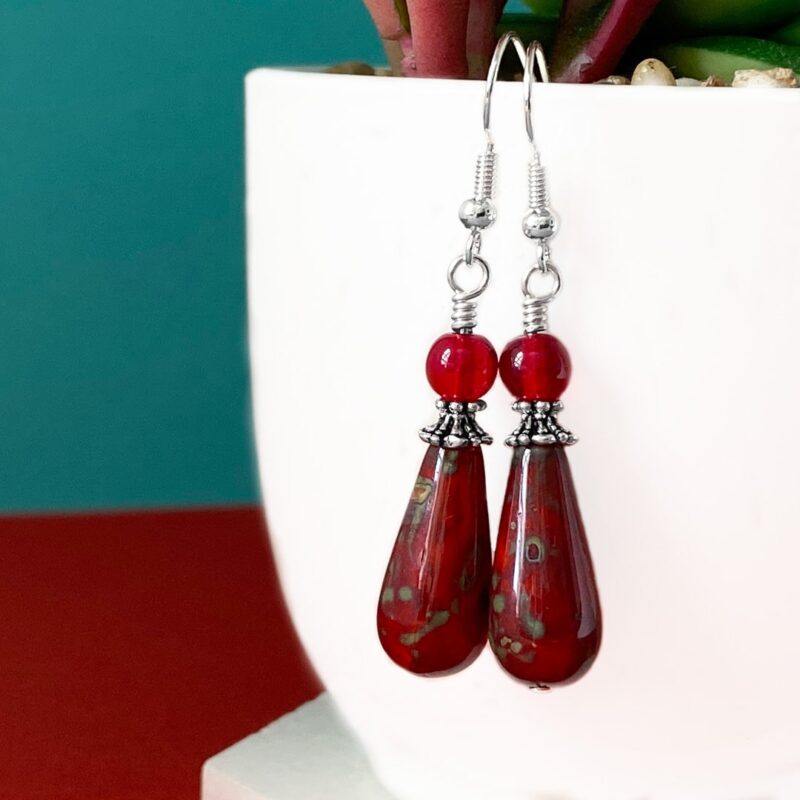 Dark Red Picasso Czech Glass Teardrop Earrings
