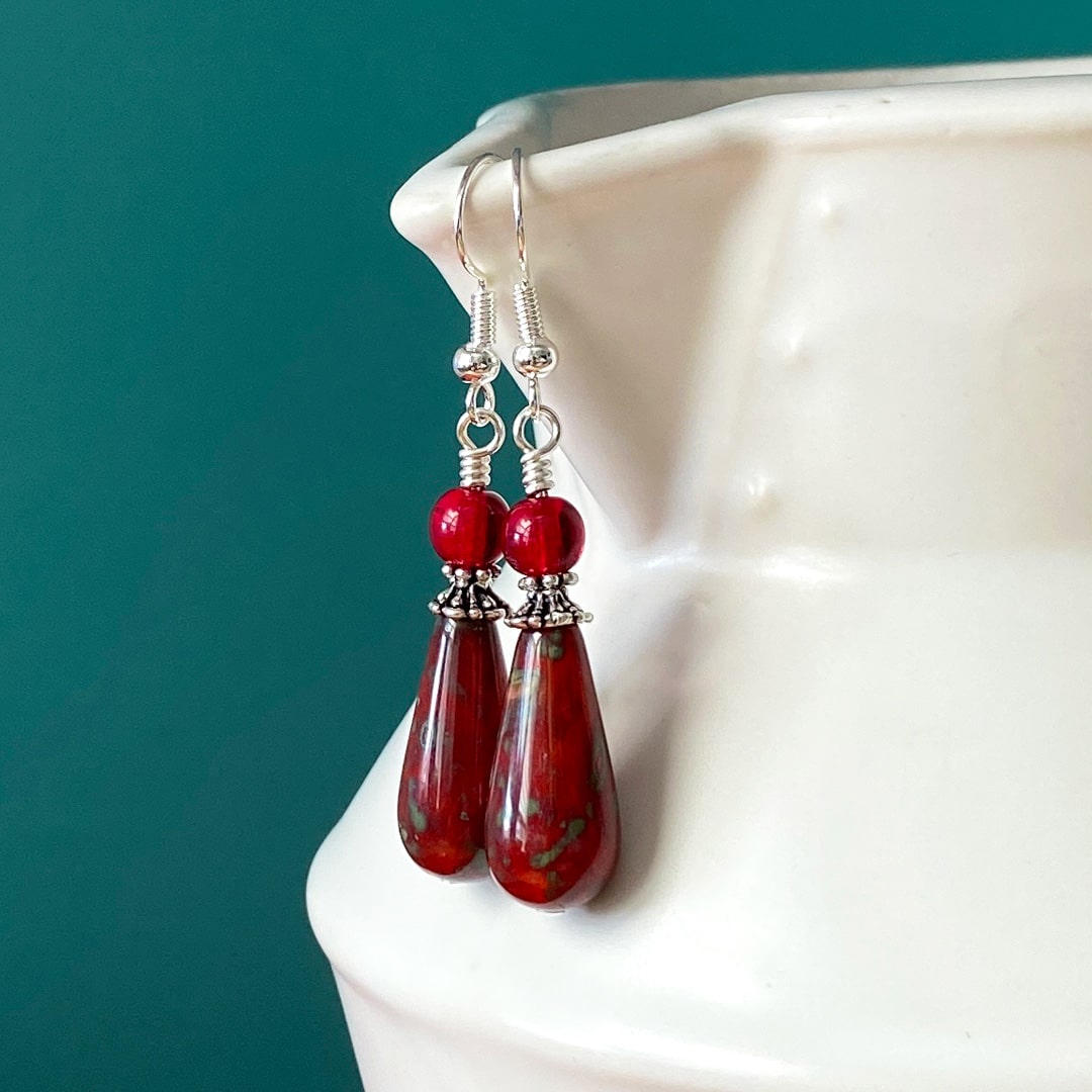Brass Silver Plated Dark Red Glass Radiant Faceted Red Color Gemstone  Dangle Earrings- CDE-3384