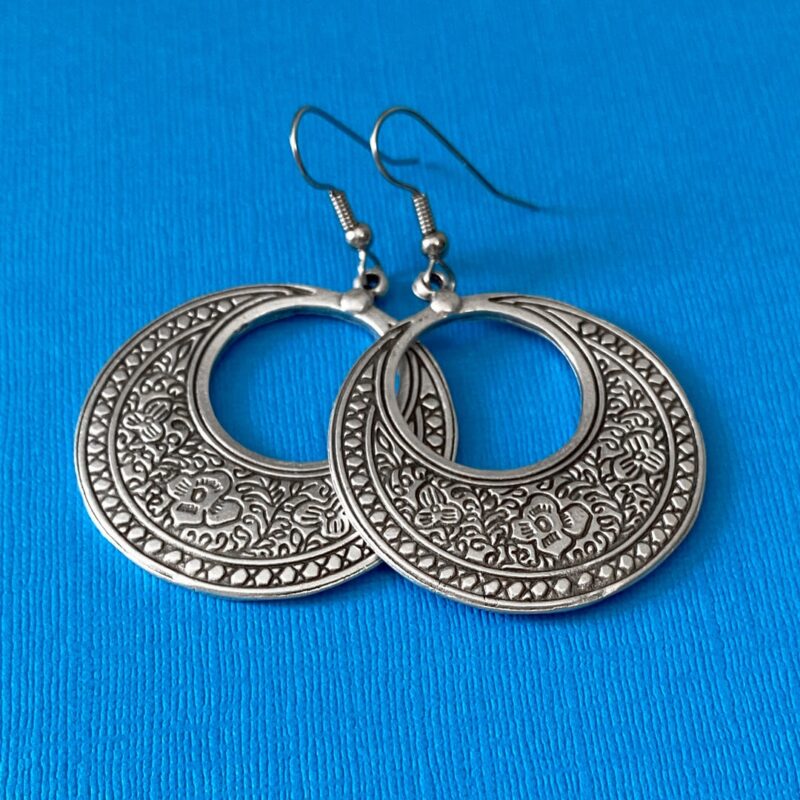 Large antique silver floral design earrings