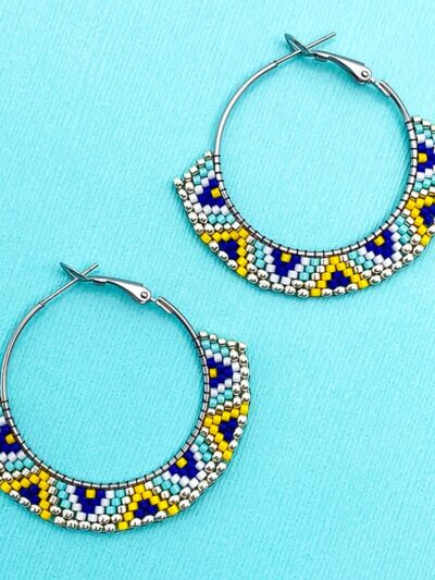 Hoop earrings - geometric pattern in turquoise, blue, yellow, white and silver