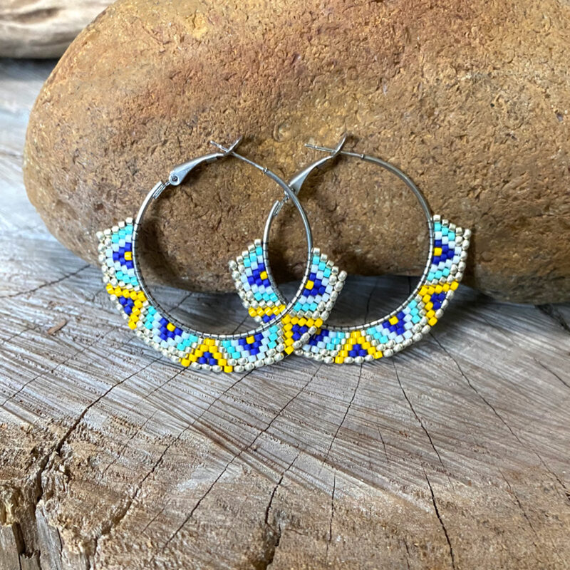 Hoop earrings - geometric pattern in turquoise, blue, yellow, white and silver