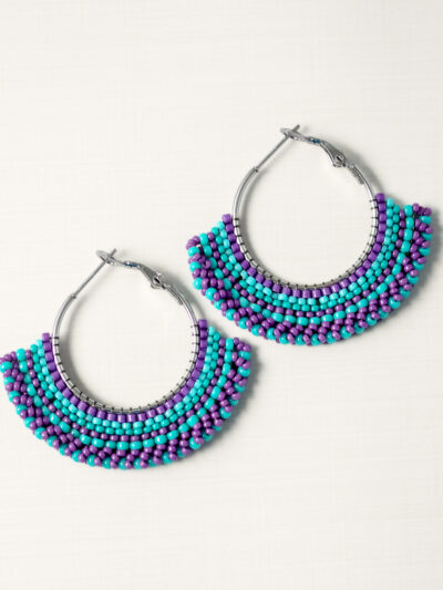 orchid turquoise beaded hoop earrings hand stitched