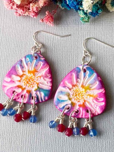 Bright pink, blue and yellow earrings