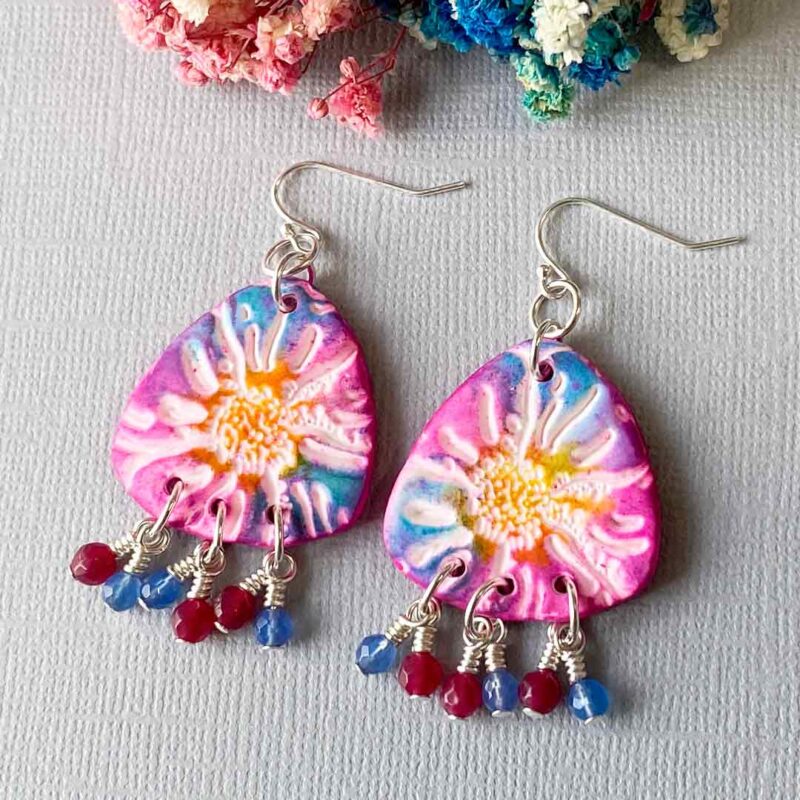 Bright pink, blue and yellow earrings