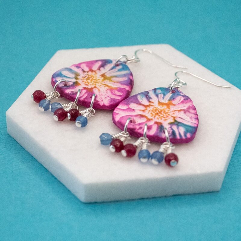 Bright pink, blue and yellow earrings