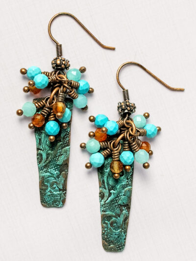 embossed copper gemstone cluster earrings with turquoise patina and amazonite carnelian beads