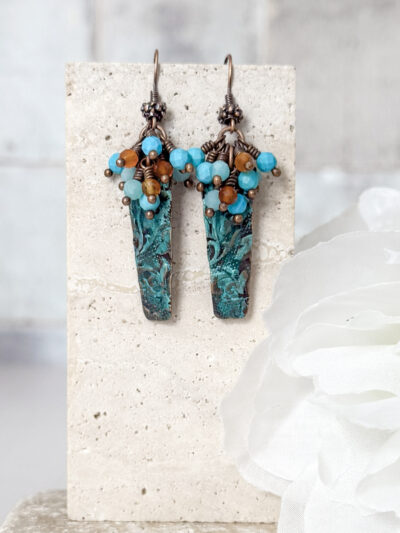 Embossed Copper & Gemstone Cluster Earrings