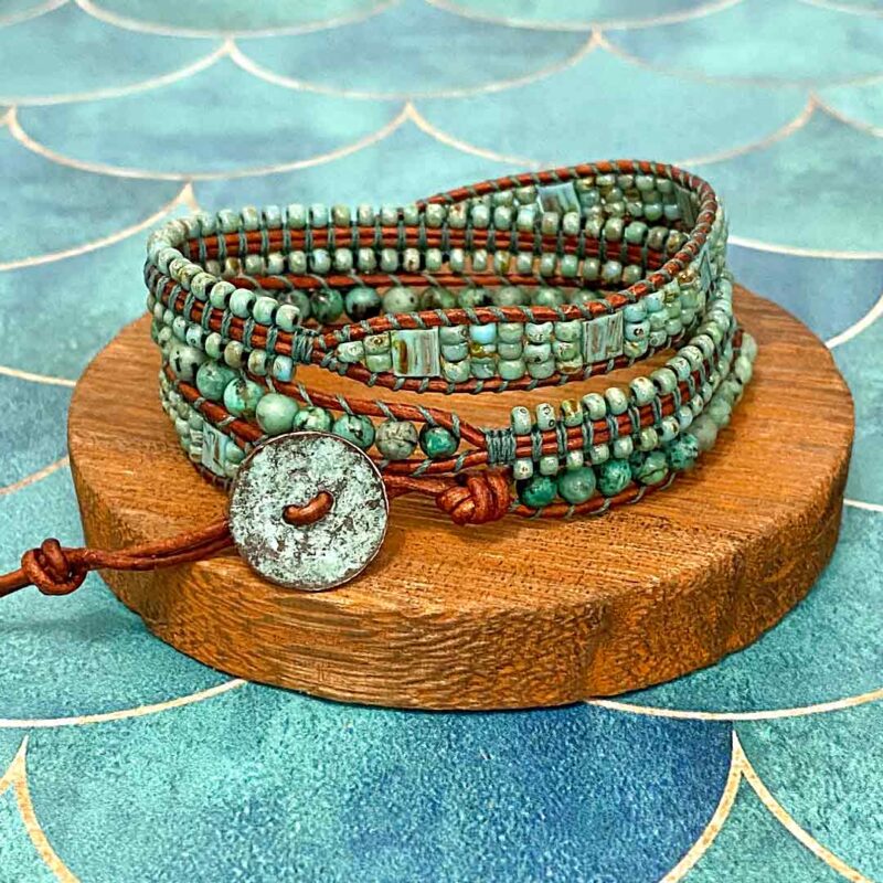 African Turquoise Leather Wrap Bracelet