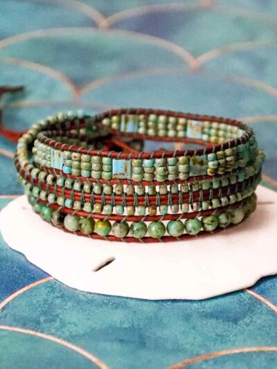 African Turquoise Leather Wrap Bracelet
