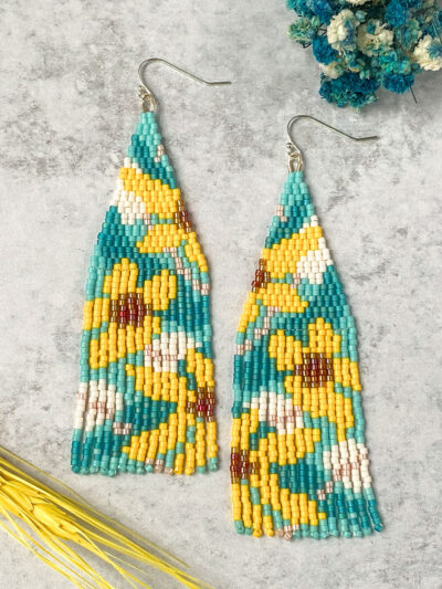 yellow Floral Beaded Fringe Earrings - yellow flowers on a turquoise and blue background