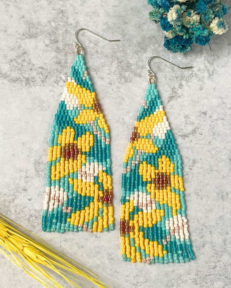 yellow Floral Beaded Fringe Earrings - yellow flowers on a turquoise and blue background