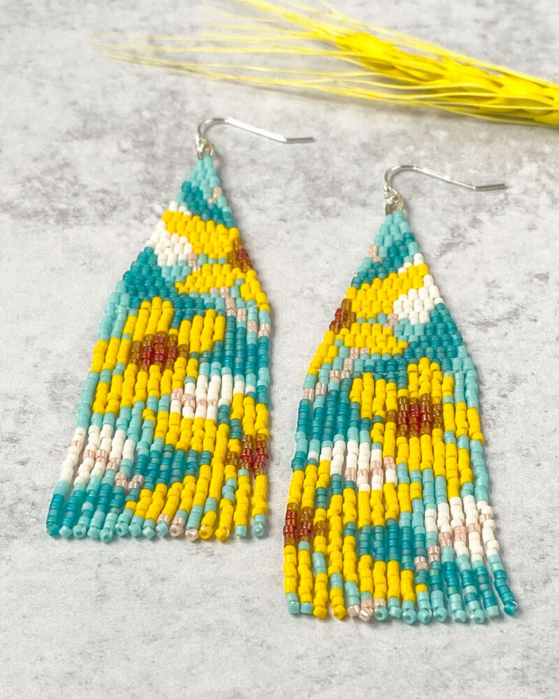 yellow Floral Beaded Fringe Earrings - yellow flowers on a turquoise and blue background