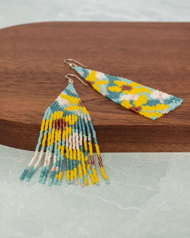 yellow Floral Beaded Fringe Earrings - yellow flowers on a turquoise and blue background