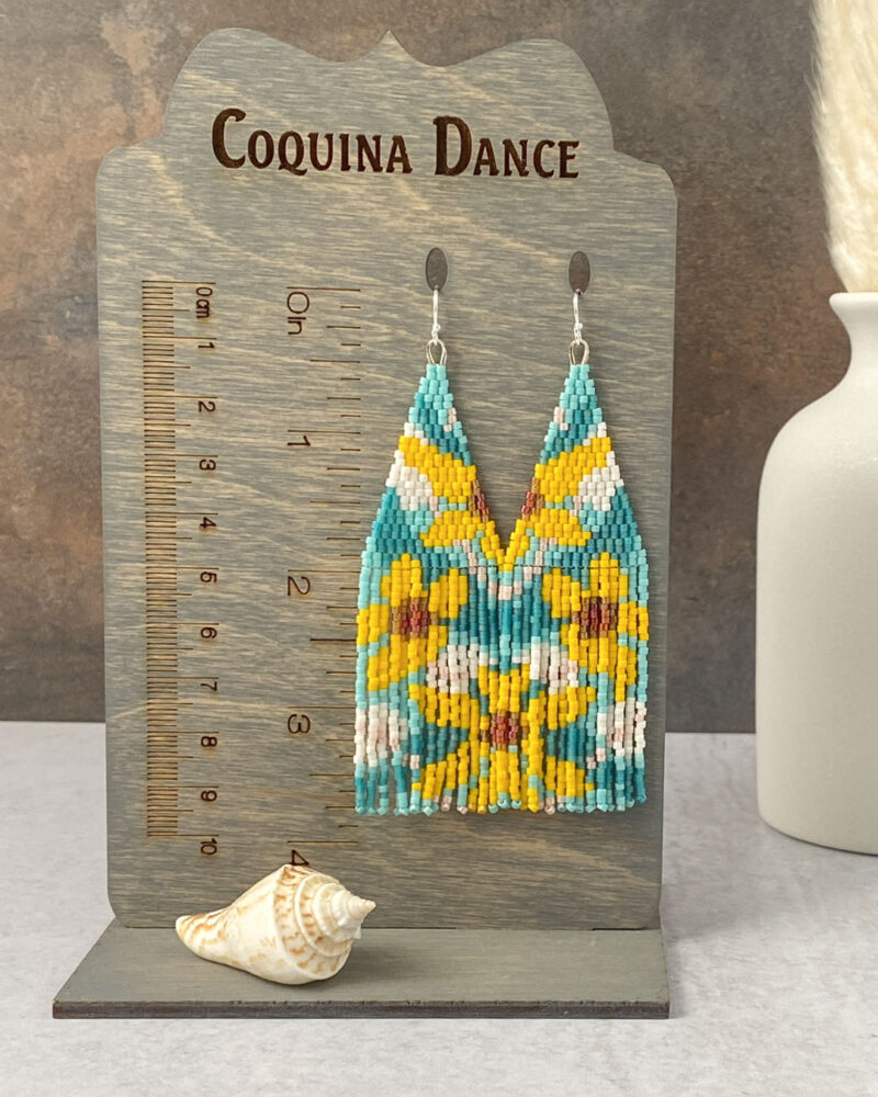 yellow Floral Beaded Fringe Earrings - yellow flowers on a turquoise and blue background