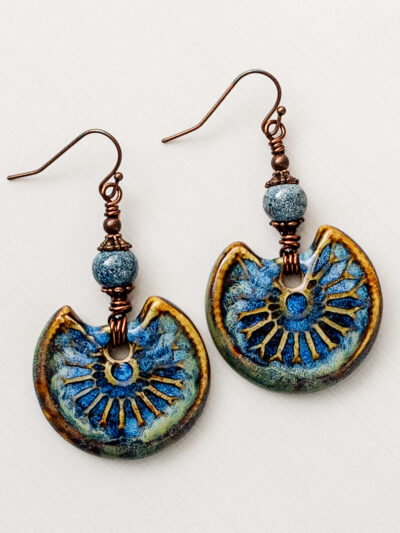 blue ceramic dangle earrings copper handmade