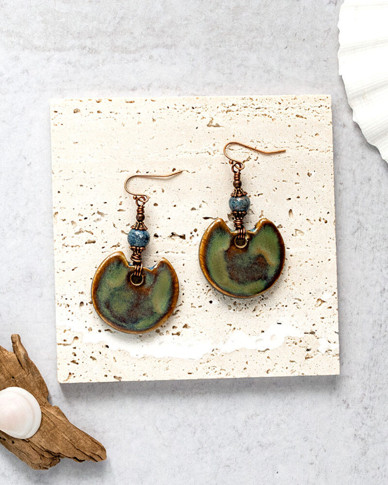 Blue and brown ceramic and copper earrings.