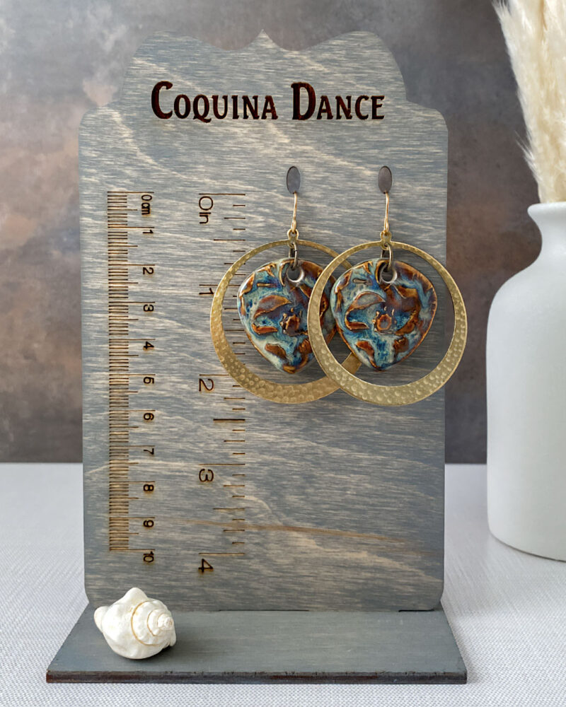 Blue and Brown ceramic charm and hammered raw brass hoop earrings.