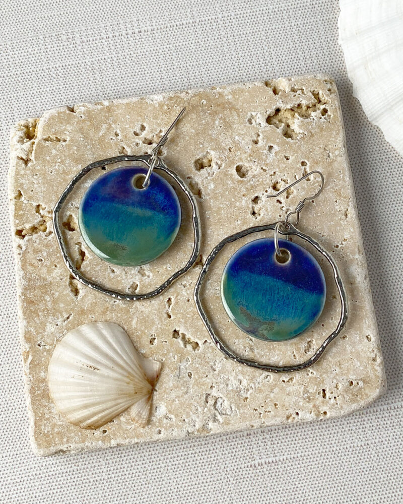 Blue and teal ceramic hoop earrings.