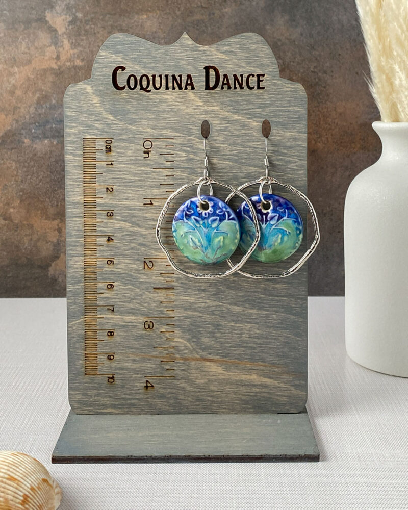 Blue and teal ceramic hoop earrings.