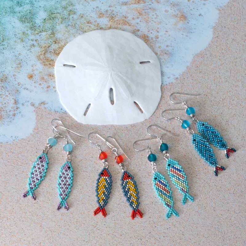 4 pairs of colorful stitched fish earrings