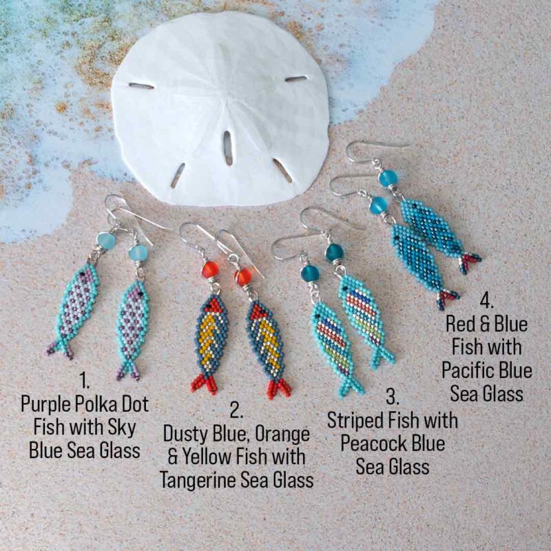 4 pairs of colorful stitched fish earrings