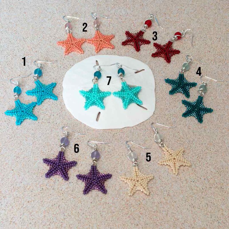 7 pairs of handstitched starfish earrings
