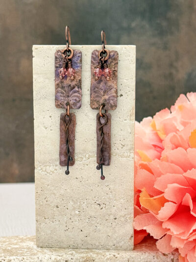 Embossed Copper & Swarovski Crystal Earrings
