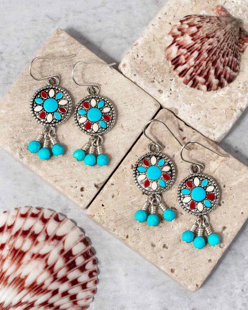 Turquoise, red and white enameled silver-plated charms with faceted howlite drop earrings.