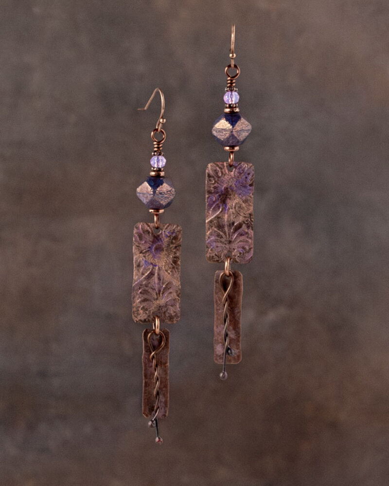 Long purple and gold embossed copper earrings with czech glass