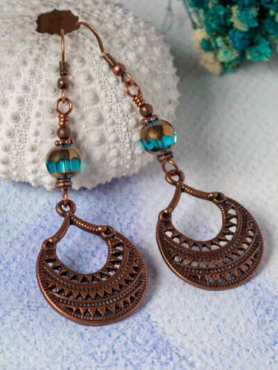 Patterned Copper and Aqua Cut Glass Earrings