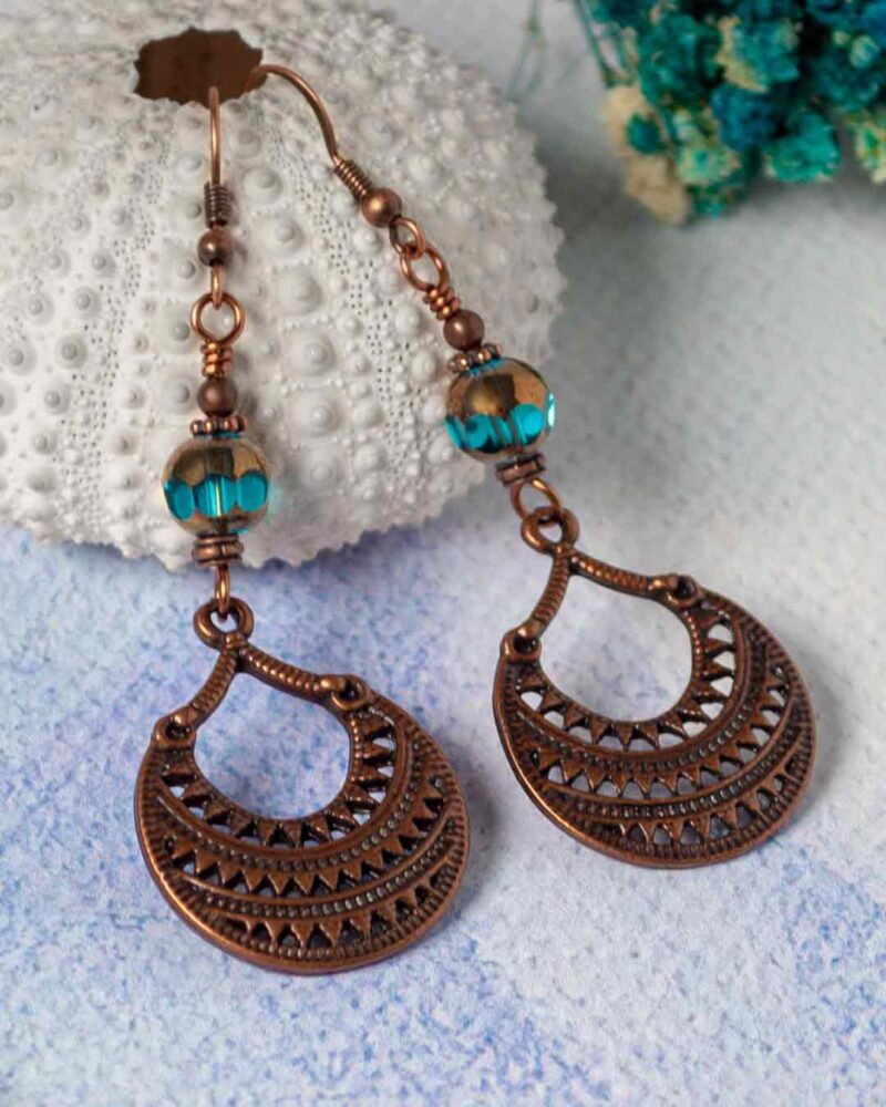 Patterned Copper and Aqua Cut Glass Earrings