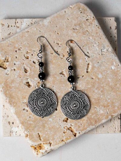 Silver Mandala Black Agate Earrings