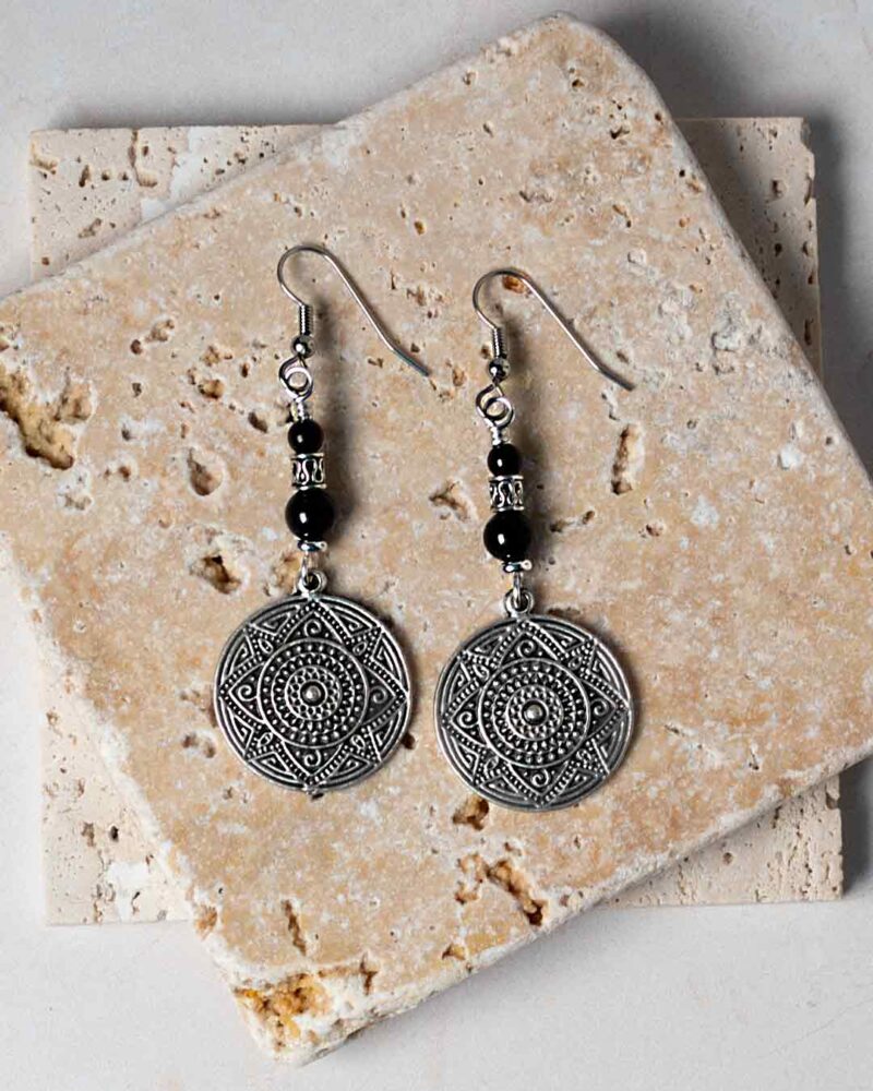 Silver Mandala Black Agate Earrings